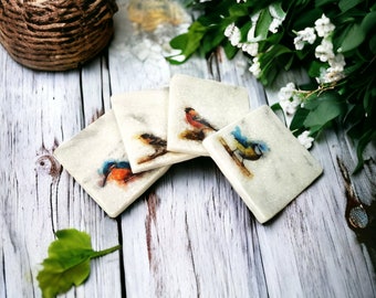 British Birds stone coasters set. Set of 4 coasters with a variety of 4 different bird designs. Marble coasters set for bird lover.