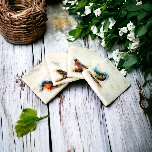 British Birds stone coasters set. Set of 4 coasters with a variety of 4 different bird designs. Marble coasters set for bird lover.