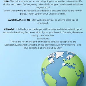 May include: A light blue background features the text INTERNATIONAL ORDERS followed by specific shipping and tax information for the USA, Australia, New Zealand, and Canada. A stylized globe with green landmasses and blue oceans sits below.