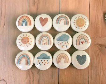 Pastel Rainbow wooden Drawer Knobs: Boho baby Nursery Decor door handles with many designs to choose from. Children’s room or play room knob