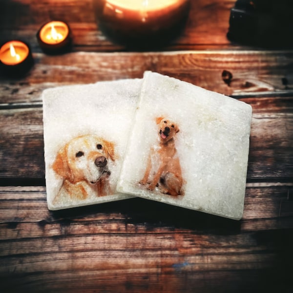Yellow labrador stone coasters set. Chunky rustic marble coasters with 2 golden labrador face and 2 sitting golden lab designs in each set.