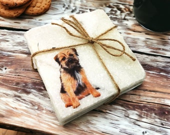 Border terrier dog coasters set. Set of four marble stone coasters with cute dog design. Rustic coasters set for dog lovers gift.