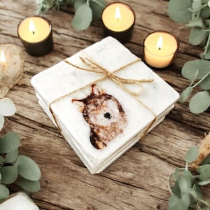 May include: Set of four white marble coasters with a wolf image printed on the top. The coasters are tied together with twine.