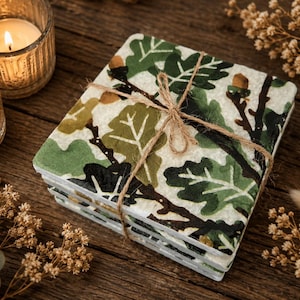 Emma Bridgewater oak leaves Stone Coasters: Rustic green marble coasters set decoupaged by hand with botanical oak leaves and acorns design.