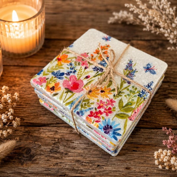 Colourful Floral Marble Coasters: Rustic Cottagecore Set of 4.  Wildflower design chunky stone coaster set. Gift for garden lovers.