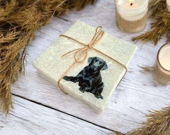 Black Labrador Marble Coasters: set of 4 black lab dog stone coasters. Dog Lover table settings or gift for dog sitter.