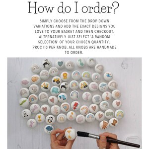 May include: A collection of round white wooden knobs featuring various colorful printed designs including rainbows, animals, vehicles, and hearts. The text at the top reads: How do I order? SIMPLY CHOOSE FROM THE DROP DOWN VARIATIONS AND ADD THE EXACT DESIGNS YOU LOVE TO YOUR BASKET AND THEN CHECKOUT.