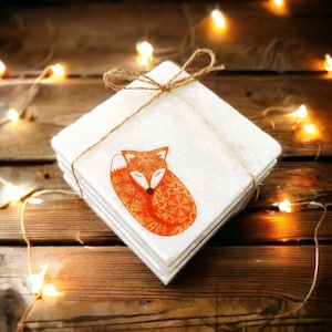 Fox Stone Coasters Set: Handmade Tumbled Marble coasters set with cute orange sleepy fox design. Woodland Decor fox gift.
