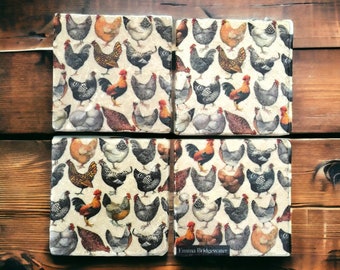 Chicken coasters set decoupaged with classic Emma bridgewater hens design. Rustic chunky marble coasters set in a lovely farmhouse style.