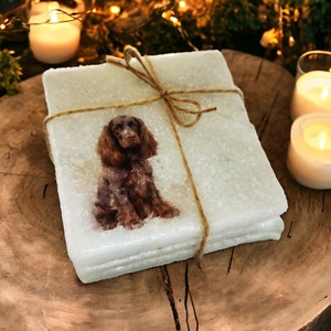 May include: Set of four white marble coasters with a brown and white dog image printed on the top. The coasters are tied together with twine.