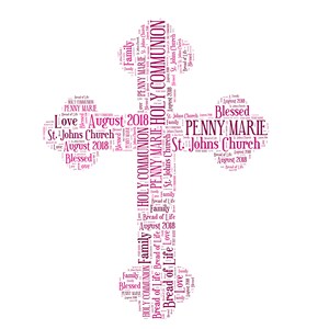 May include: A pink and white word cloud in the shape of a cross. The words include "Holy Communion", "Penny Marie", "St. Johns Church", "August 2018", "Love", "Family", and "Blessed".