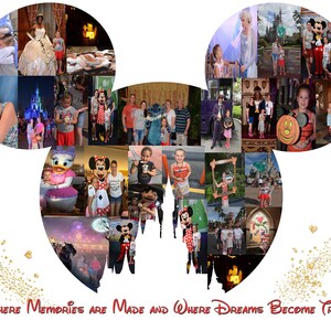 May include: A collage of photographs in the shape of Mickey Mouse ears, featuring a family's trip to Disney World. The photos show the family posing with Disney characters, riding rides, and enjoying the park. The text "Where Memories Are Made and Where Dreams Become True" is at the bottom of the collage.