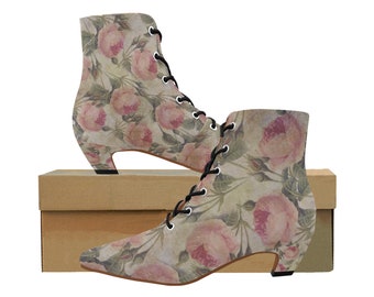 Vintage Pink Rose Flower Print Women's Boots