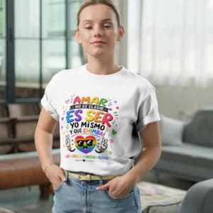 Può includere: T-shirt bianco con un design grafico colorato. Il design include un cuore arcobaleno con occhiali da sole, simboli di pace e testo in spagnolo che recita "AMAR NO ES ELEGIR ES SER YO MISMO Y QUE CHIMBA!"