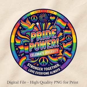 Może przedstawiać: Okrągła grafika z ciemnoniebieskim tłem, z napisem "PRIDE POWER!" w tęczowych kolorach. Projekt zawiera tęczowe flagi, gołębie, znaki pokoju oraz tekst "CELEBRATE DIVERSITY" i "STRONGER TOGETHER, LOVE EVERYONE ALWAYS".