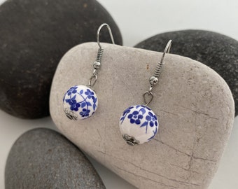 Porcelain Flower Earrings, Blue Floral Ceramic Dangle Earrings