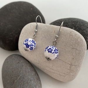 Ceramic Earrings, Porcelain Blue Or Brown flower earrings, Flower girl gifts, Unique Porcelain Accessories, Floral Artisan Earrings for Her