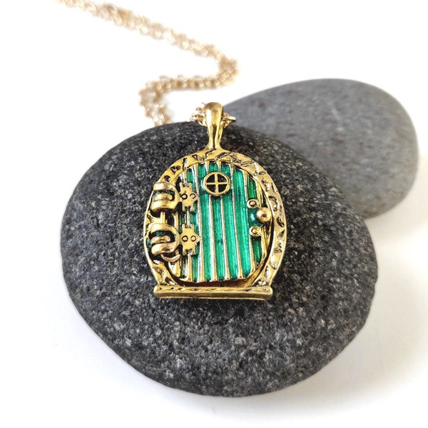 Fairy Door Necklace in Gold or Silver | Halfling Door | Fantasy Jewelry | Fantasy Book Lover Gift | Green Door Pendant | Locket pendant