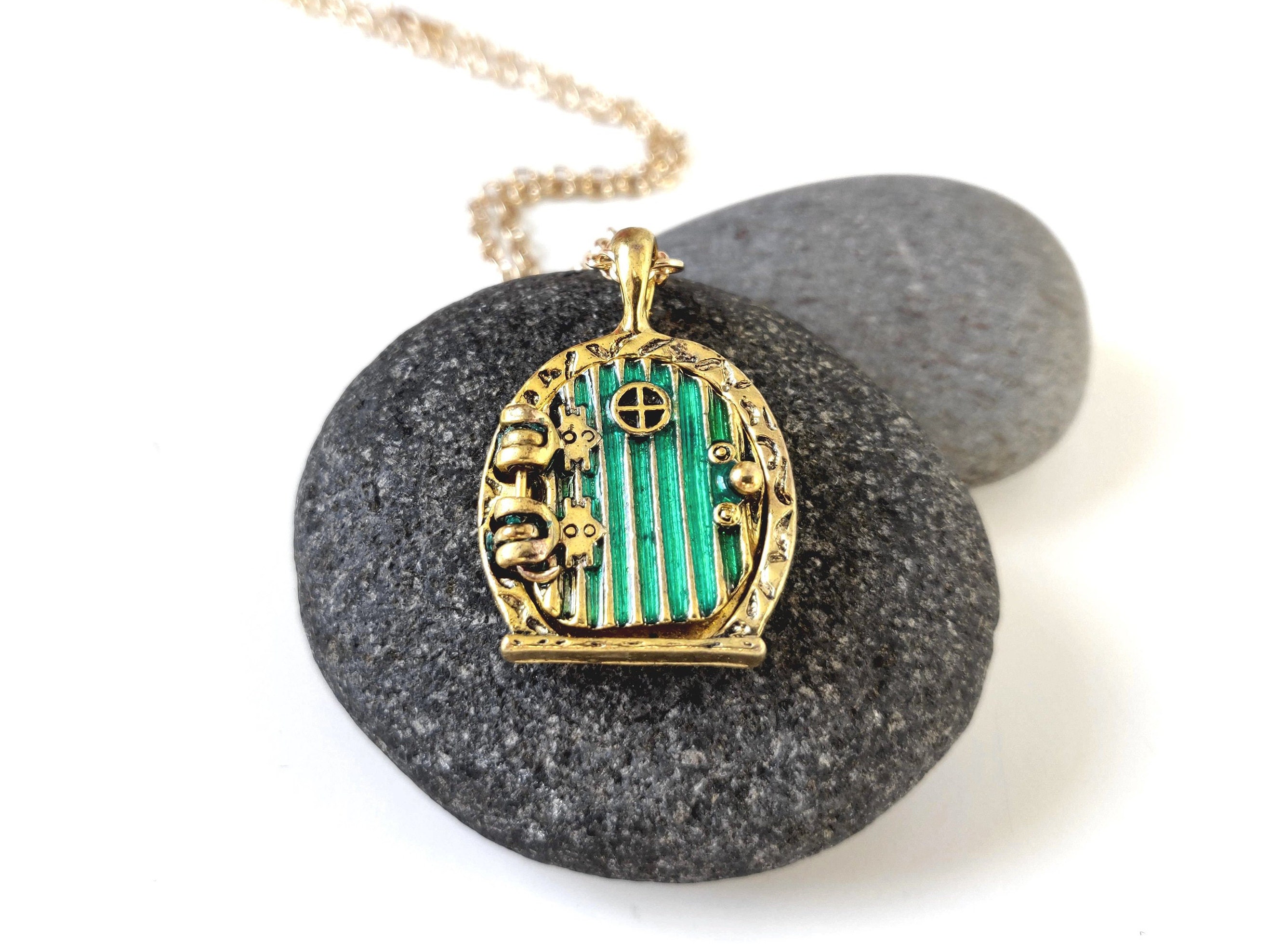 Fairy Door Necklace in Gold or Silver Halfling Door Fantasy Jewelry Fantasy Book Lover Gift Green Door Pendant Locket pendant