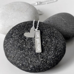 Tiny Heart Necklace with LOVE YOU MORE message, Small Heart Jewelry, Love Script Necklace, Gift For Her, Love Jewelry, Love Bar Pendant image 1