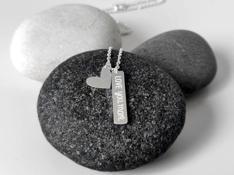 Tiny Heart Necklace with LOVE YOU MORE message, Small Heart Jewelry, Love Script Necklace, Gift For Her, Love Jewelry, Love Bar Pendant image 1