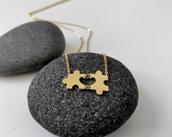 Gold Puzzle Piece Necklace with Heart | Minimalist Jewelry