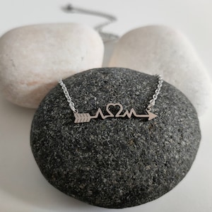 Chevron arrow Necklace with a heart and heartbeat, Archer,Chevron Pendant, Tiny Arrow Necklace, cupid arrow, wedding gifts, bridesmaid gifts