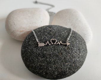 Chevron arrow Necklace with a heart and heartbeat, Archer,Chevron Pendant, Tiny Arrow Necklace, cupid arrow, wedding gifts, bridesmaid gifts