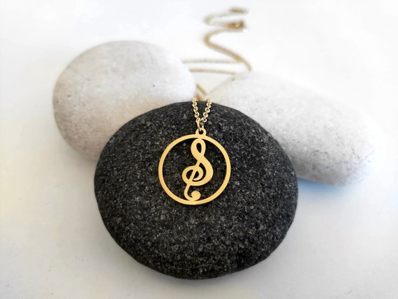 金のト音記号ネックレス、低音記号、音楽ネックレス、音符、ト音記号
