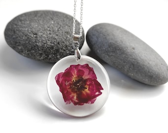 Dried Flower necklace for natural lover | Real flower jewelry | Pressed flower Resin necklace | Transparent pendant | Red flower Keyring