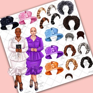 May include: A digital paper doll set featuring two women in church outfits. The women are wearing white and purple dresses with matching hats. The set includes a variety of hats, hairstyles, and accessories to customize the dolls.