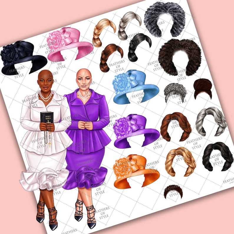 May include: A digital paper doll set featuring two women in church outfits. The women are wearing white and purple dresses with matching hats. The set includes a variety of hats, hairstyles, and accessories to customize the dolls.