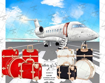 Travel scene, Travel illustration, Travel clipart, Plane clipart, Luggage clipart