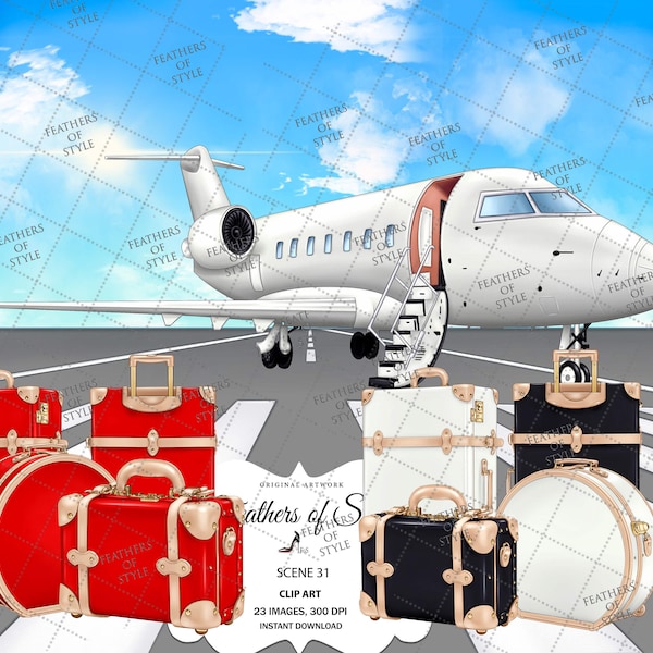 Travel scene, Travel illustration, Travel clipart, Plane clipart, Luggage clipart