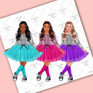 May include: Three girls wearing leopard print shirts and tulle skirts in different colors: turquoise, pink, and purple. Each girl is wearing black sneakers and knee-high socks in a color that matches their skirt.