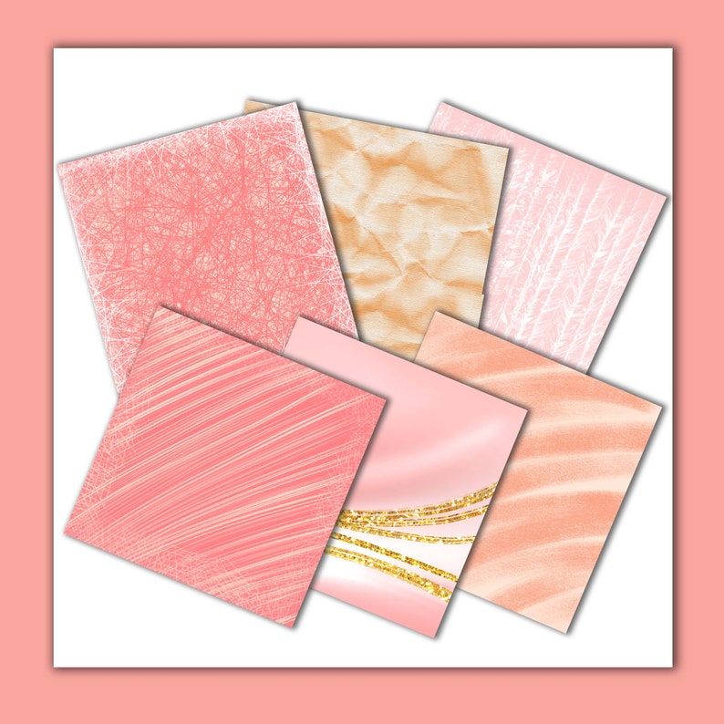 May include: A set of six digital paper textures in shades of pink and peach. The textures include a subtle glitter pattern, a striped pattern, a crumpled paper texture, a textured pattern with white lines, and a wavy pattern.