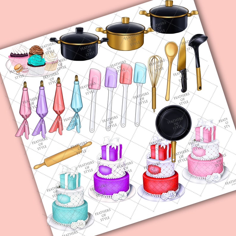 May include: A collection of baking supplies, including a rolling pin, spatulas, whisks, cake pans, and piping bags. There are also three tiered cakes decorated with pink, red, and purple frosting.