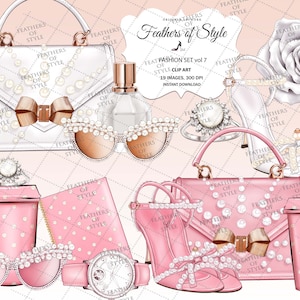 Clipart accessori moda, Clipart moda, Illustrazione moda, Clipart set moda, Clipart borsa, Clipart caffè, Clipart planner rosa