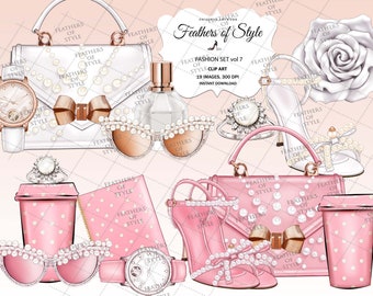 Fashion accessories clipart, Fashion clipart, Fashion Illustration, Fashion set clipart, Bag clipart, Coffee clipart, Pink planner clipart