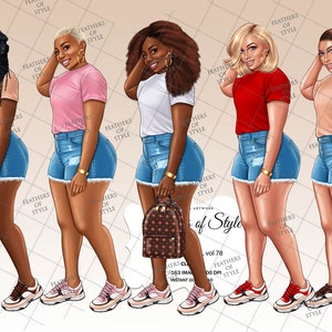 Denim girl clipart, Denim clipart, Curvy girl clipart, Fashion girl clipart, Jeans Girl Clipart, African American clipart Afro girls clipart