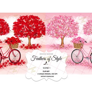 May include: Digital clip art featuring red and pink trees, bicycles, and gift boxes. The bicycles have baskets filled with flowers. The text "Feathers of Style" and "Scene 1 Clip Art" are also included.