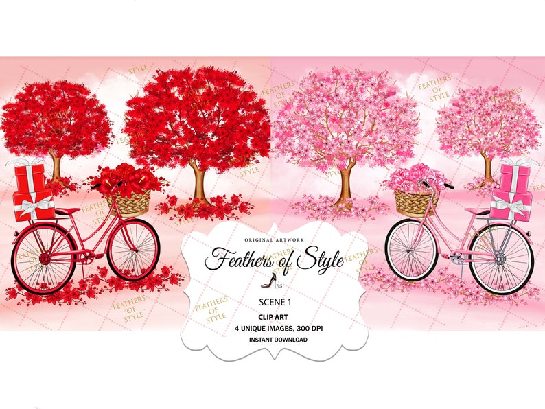 May include: Digital clip art featuring red and pink trees, bicycles, and gift boxes. The bicycles have baskets filled with flowers. The text "Feathers of Style" and "Scene 1 Clip Art" are also included.
