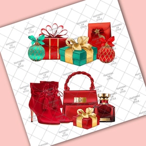 May include: Red and green Christmas gift boxes with gold ribbon, a red handbag with a gold chain, red boots, and a bottle of perfume. The background is a white and red checkered pattern.