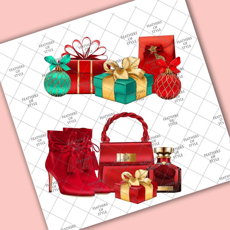 May include: Red and green Christmas gift boxes with gold ribbon, a red handbag with a gold chain, red boots, and a bottle of perfume. The background is a white and red checkered pattern.