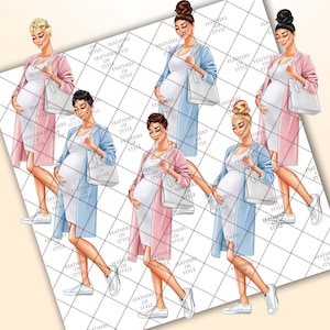 May include: Illustration of six pregnant women wearing different outfits and carrying white tote bags. The women are wearing pink, blue, and white clothing. The background is a white and gray checkered pattern.