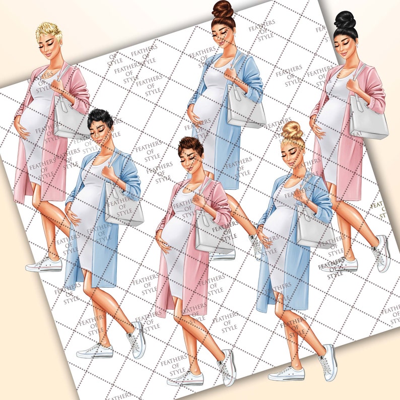 May include: Illustration of six pregnant women wearing different outfits and carrying white tote bags. The women are wearing pink, blue, and white clothing. The background is a white and gray checkered pattern.