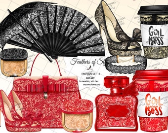 Fashion accessories clipart, Lace fashion clipart, Fashion set clipart, Fashion Illustration, Bag clipart, Shoe clipart, Coffee cup clipart
