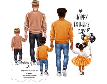 Dzień Ojca clipart, Ojciec syn córka clipart, Tata clipart, Rodzina clipart, Mężczyzna clipart, Chłopiec clipart, Afroamerykanin clipart