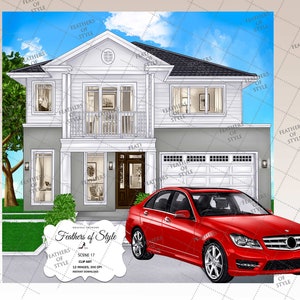 Cena de casa, ilustração de casa, fundo de casa, clipart de carro, clipart de casa