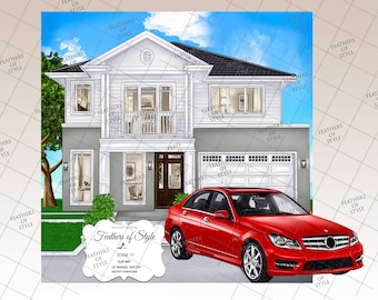 Scène de maison, Illustration de maison, Arrière-plan de la maison, Clipart de voiture, Clipart de la maison